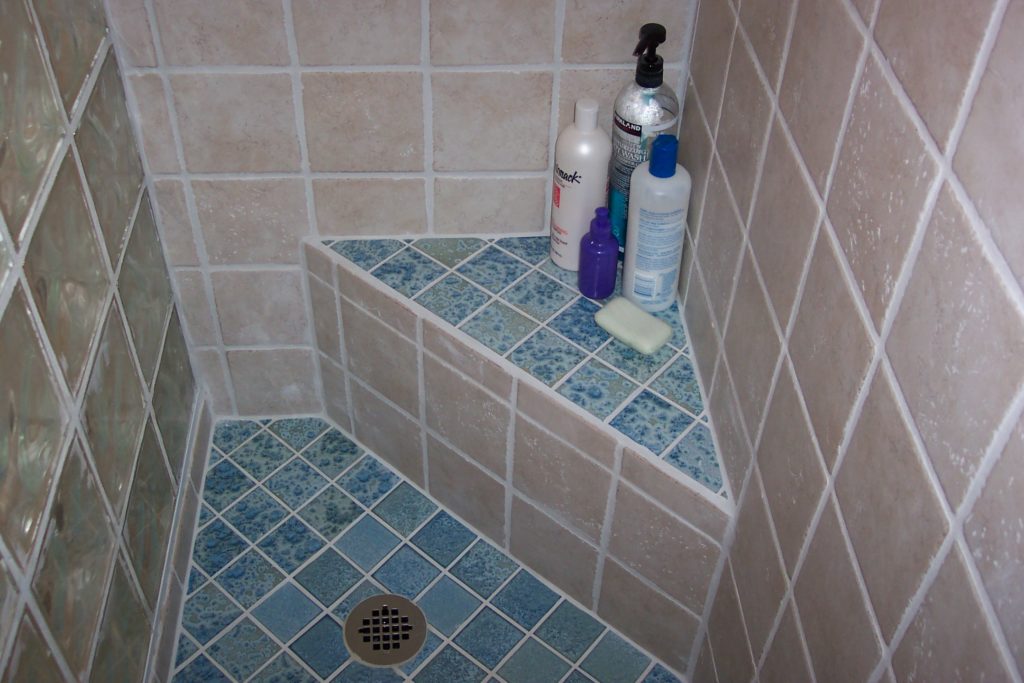 small shower with blue tile and product shelf